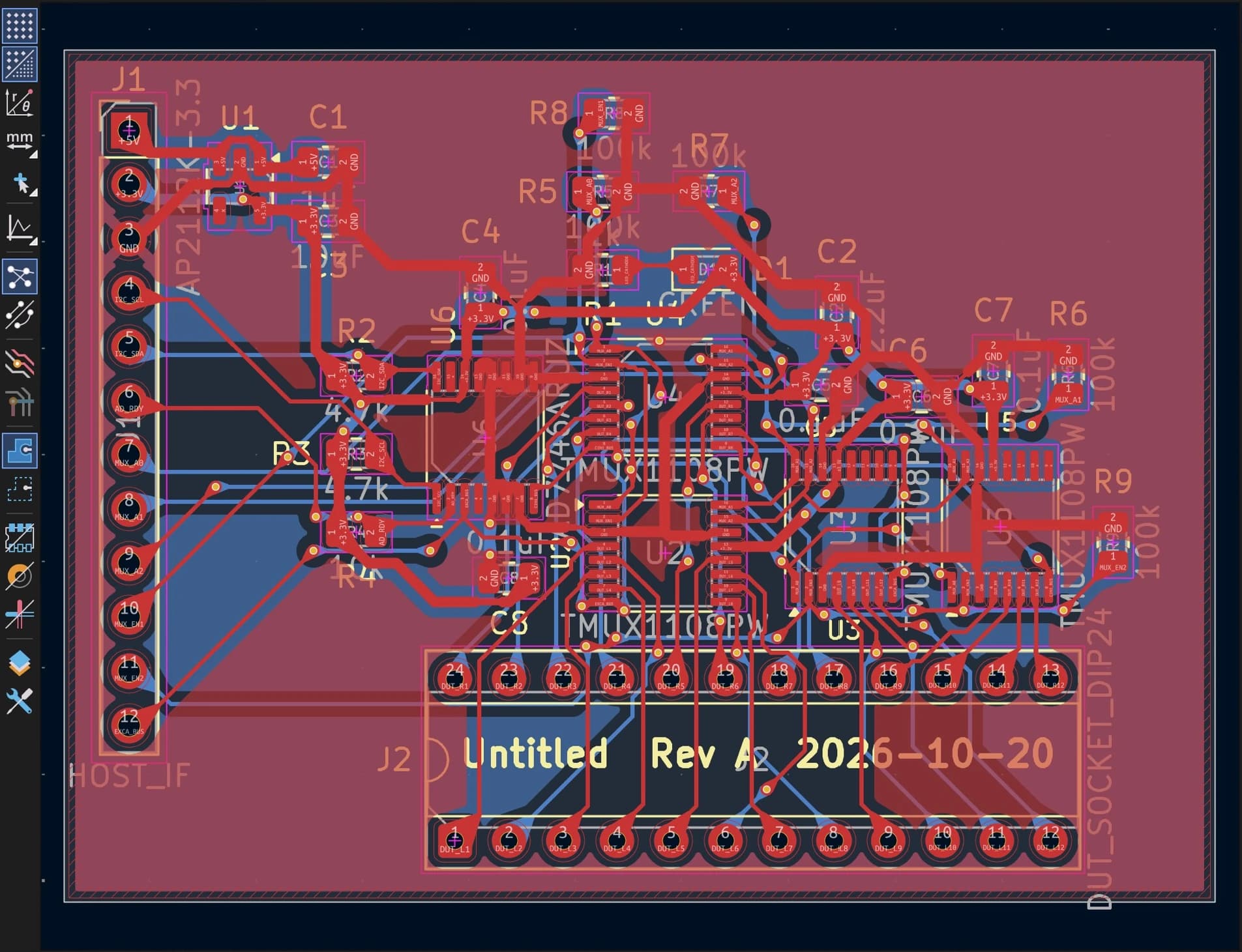 Routed two-layer capacitance test fixture in the Inductive PCB editor: a 12-pin host header, four multiplexers, the AD7746 and a DIP-24 socket, ground poured on both layers