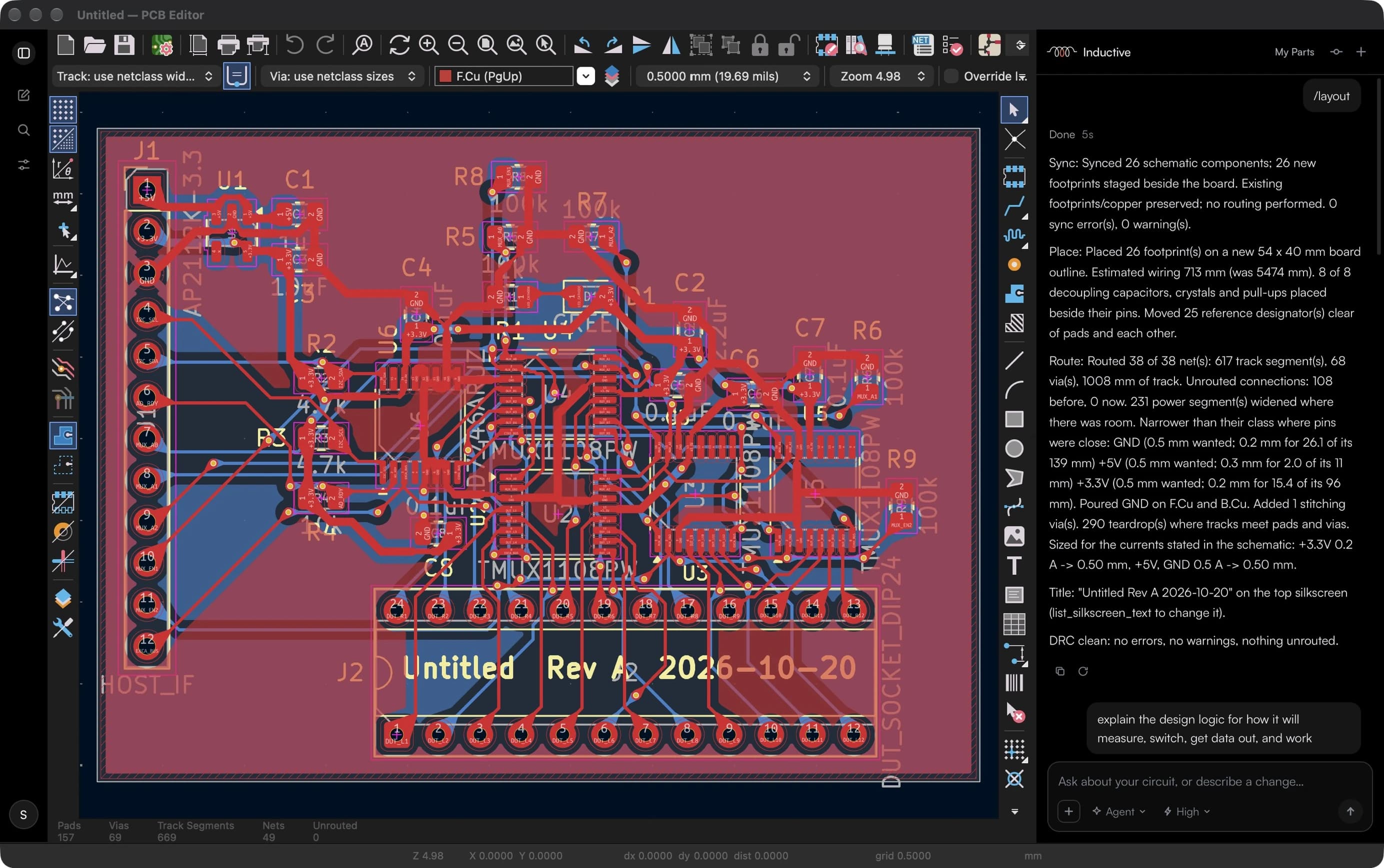 Inductive PCB editor showing the routed capacitance test fixture, with the Inductive sidebar reporting /layout: 26 parts placed, 38 of 38 nets routed, DRC clean