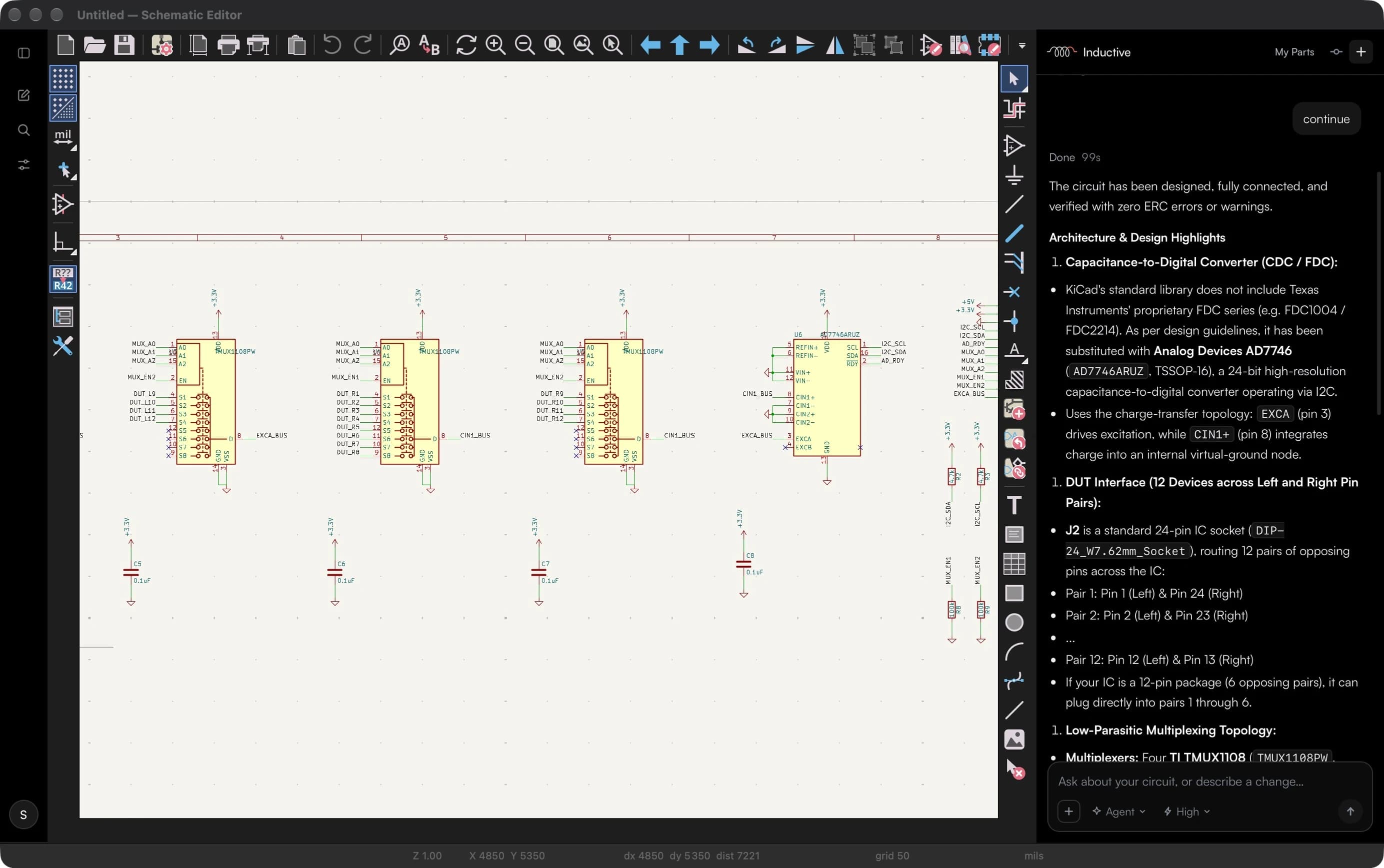 Inductive Schematic editor showing a capacitance test fixture with TMUX1108 multiplexers and an AD7746 converter, beside the Inductive sidebar explaining the design it drew and verified with zero ERC errors